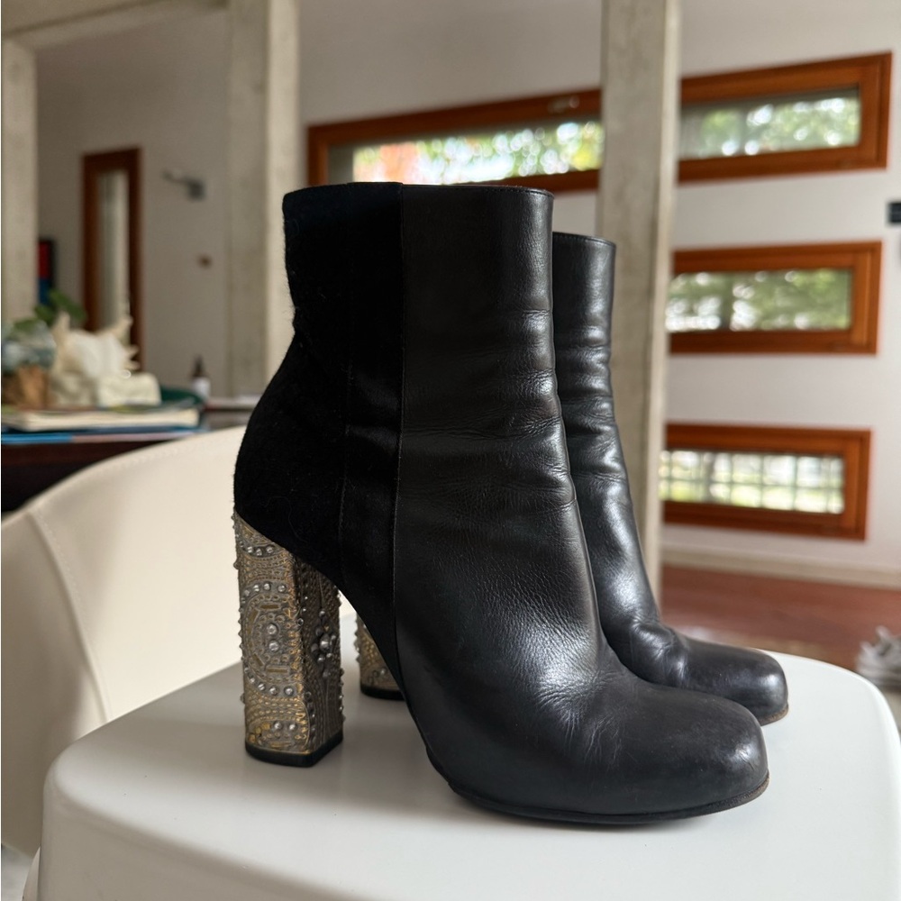 Dries Van Noten Black Ankle Boots Booties with Embellished Chunky Heels